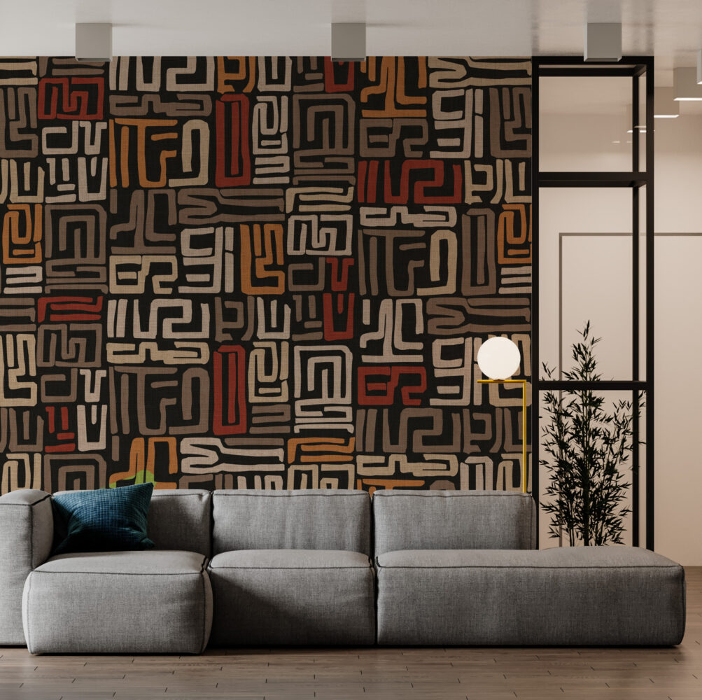 Ethnic Maze Wallpaper : Earthy Tribal Line Pattern - View 3