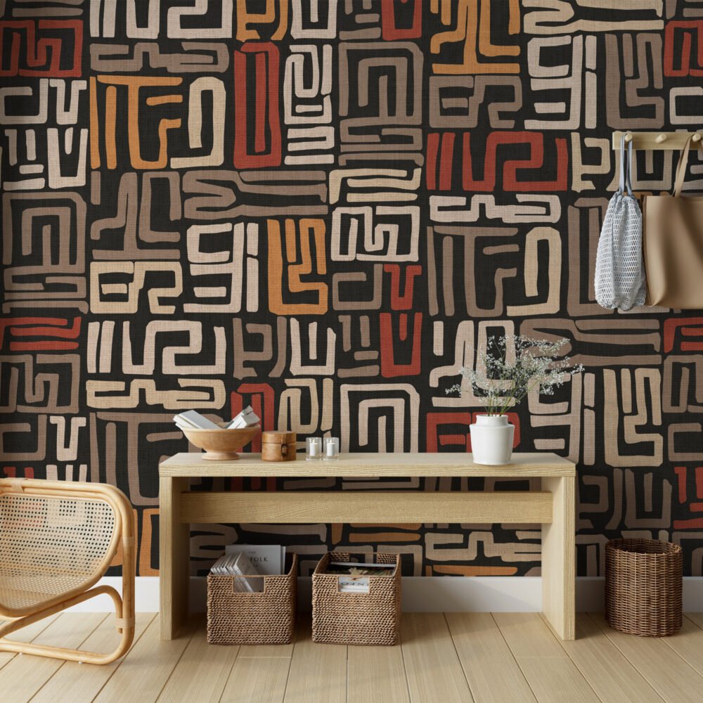 Ethnic Maze Wallpaper : Earthy Tribal Line Pattern - View 4