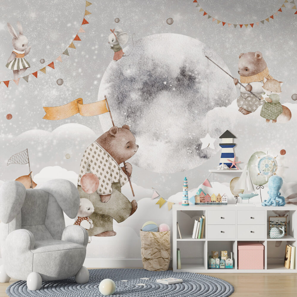 Bunny and Bear Moon Wallpaper : Watercolor Sky Nursery Mural - View 2