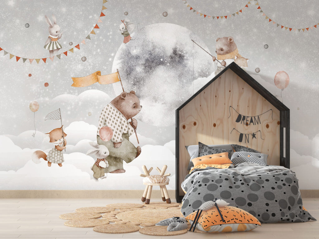 Bunny and Bear Moon Wallpaper : Watercolor Sky Nursery Mural - View 3