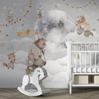 Bunny and Bear Moon Wallpaper : Watercolor Sky Nursery Mural - View 4