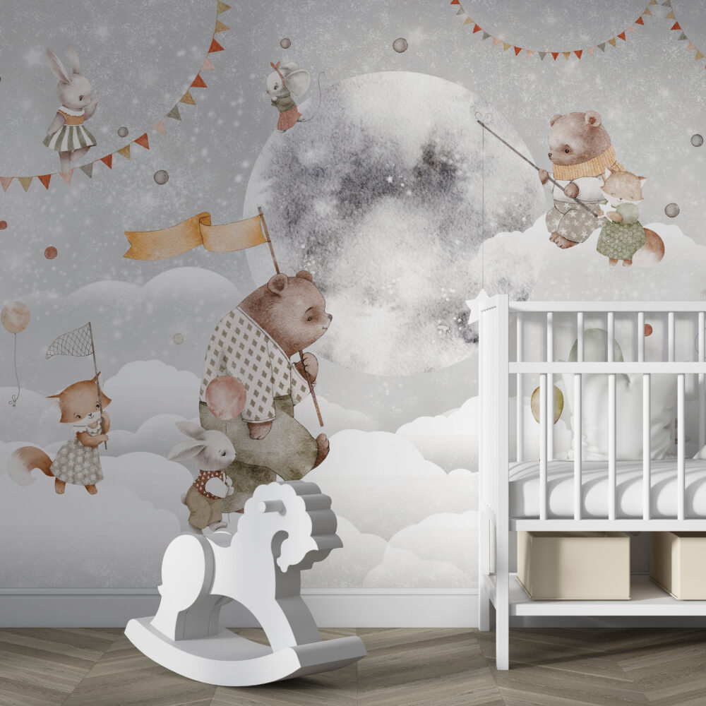 Bunny and Bear Moon Wallpaper : Watercolor Sky Nursery Mural - View 4