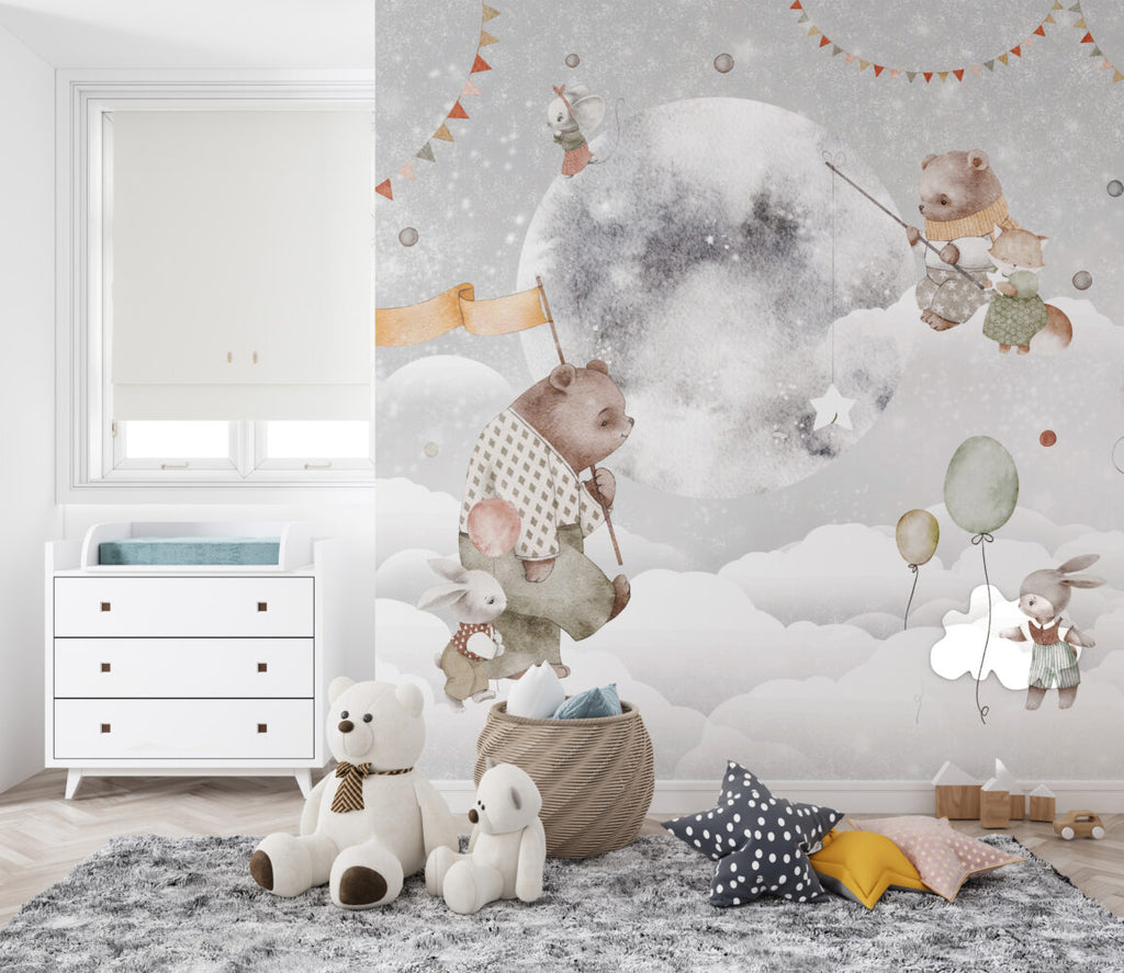 Bunny and Bear Moon Wallpaper : Watercolor Sky Nursery Mural - View 5
