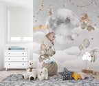 Bunny and Bear Moon Wallpaper : Watercolor Sky Nursery Mural - View 5
