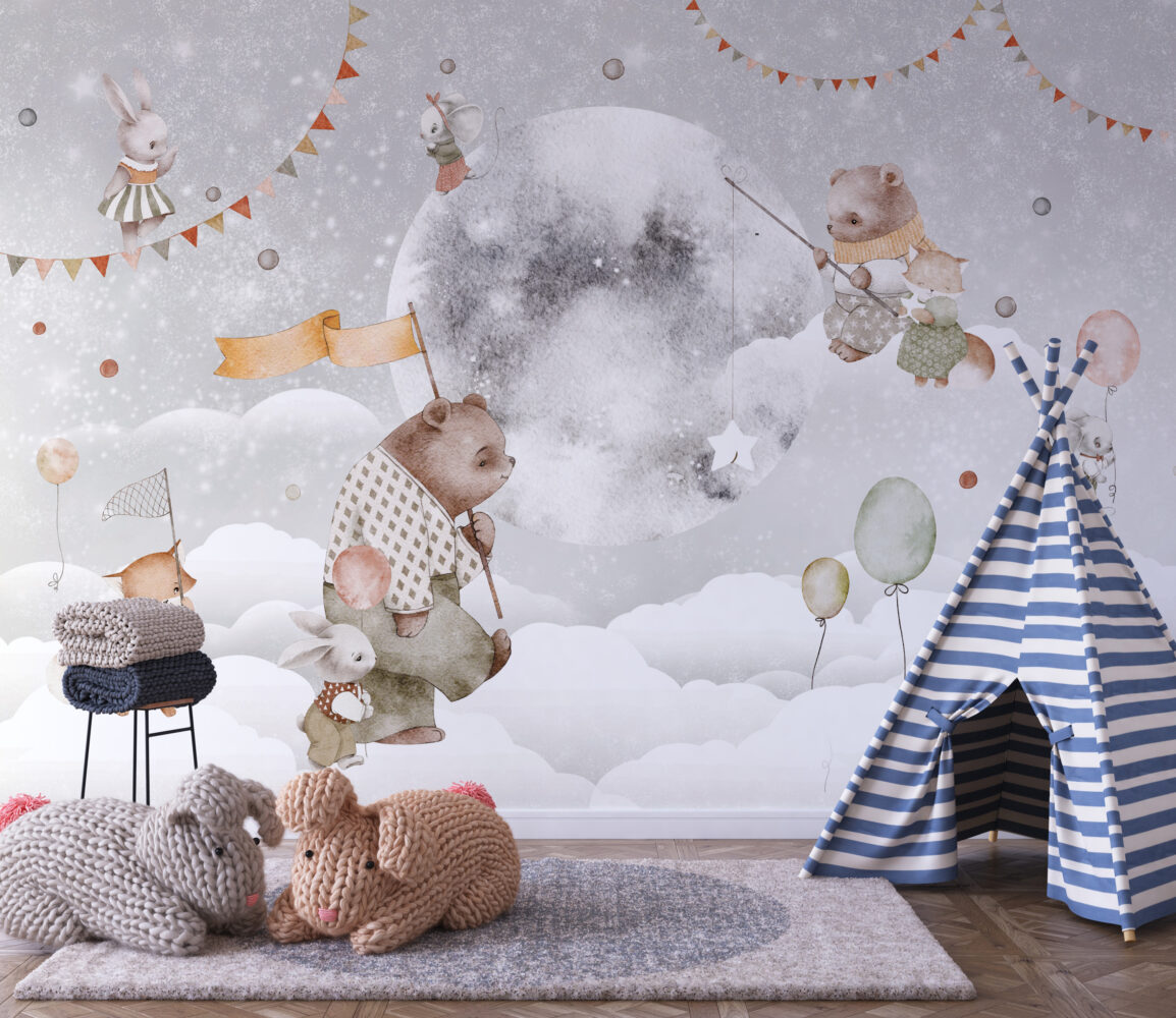 Bunny and Bear Moon Wallpaper : Watercolor Sky Nursery Mural