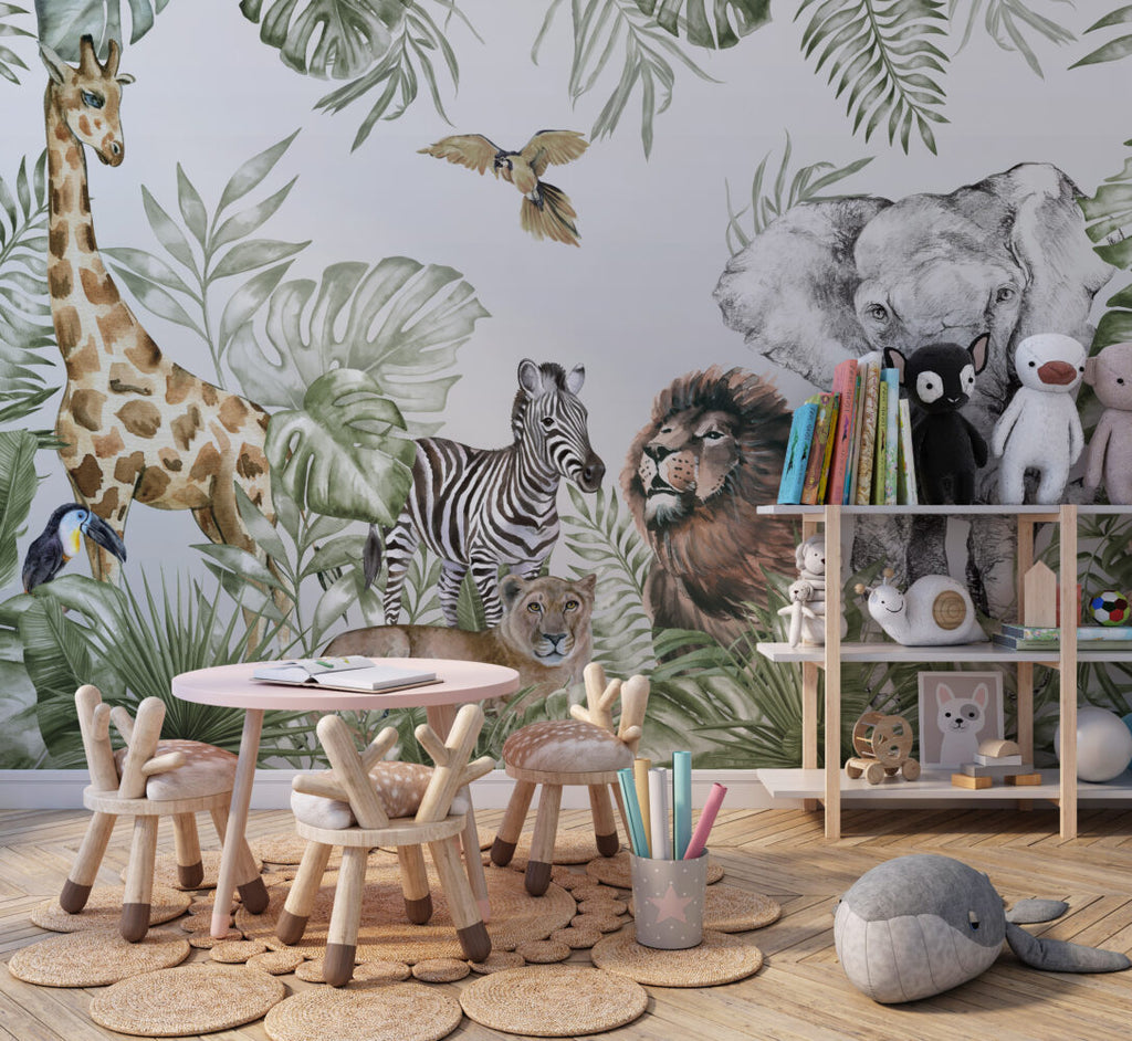 Tropical Safari Animals Wallpaper : Zebra Lion Elephant Kids Mural
