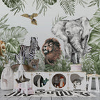 Tropical Safari Animals Wallpaper : Zebra Lion Elephant Kids Mural - View 2