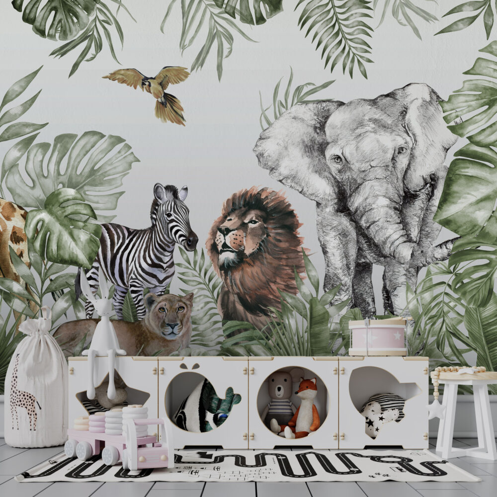 Tropical Safari Animals Wallpaper : Zebra Lion Elephant Kids Mural - View 2