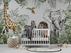 Tropical Safari Animals Wallpaper : Zebra Lion Elephant Kids Mural - View 3