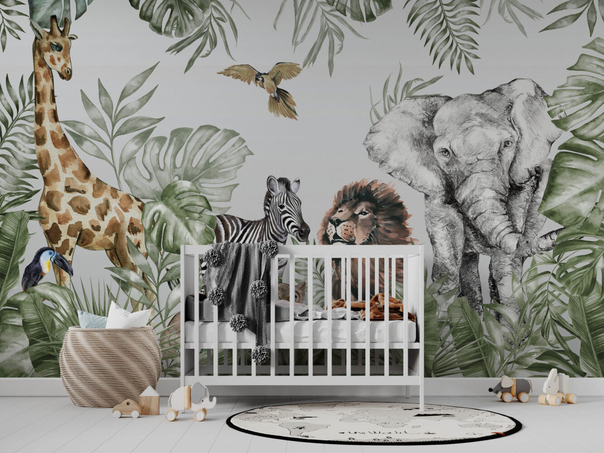 Tropical Safari Animals Wallpaper : Zebra Lion Elephant Kids Mural - View 3