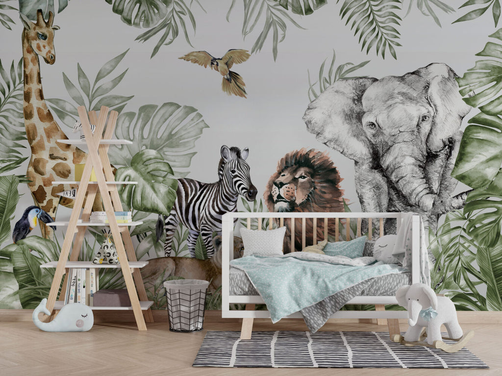 Tropical Safari Animals Wallpaper : Zebra Lion Elephant Kids Mural - View 4