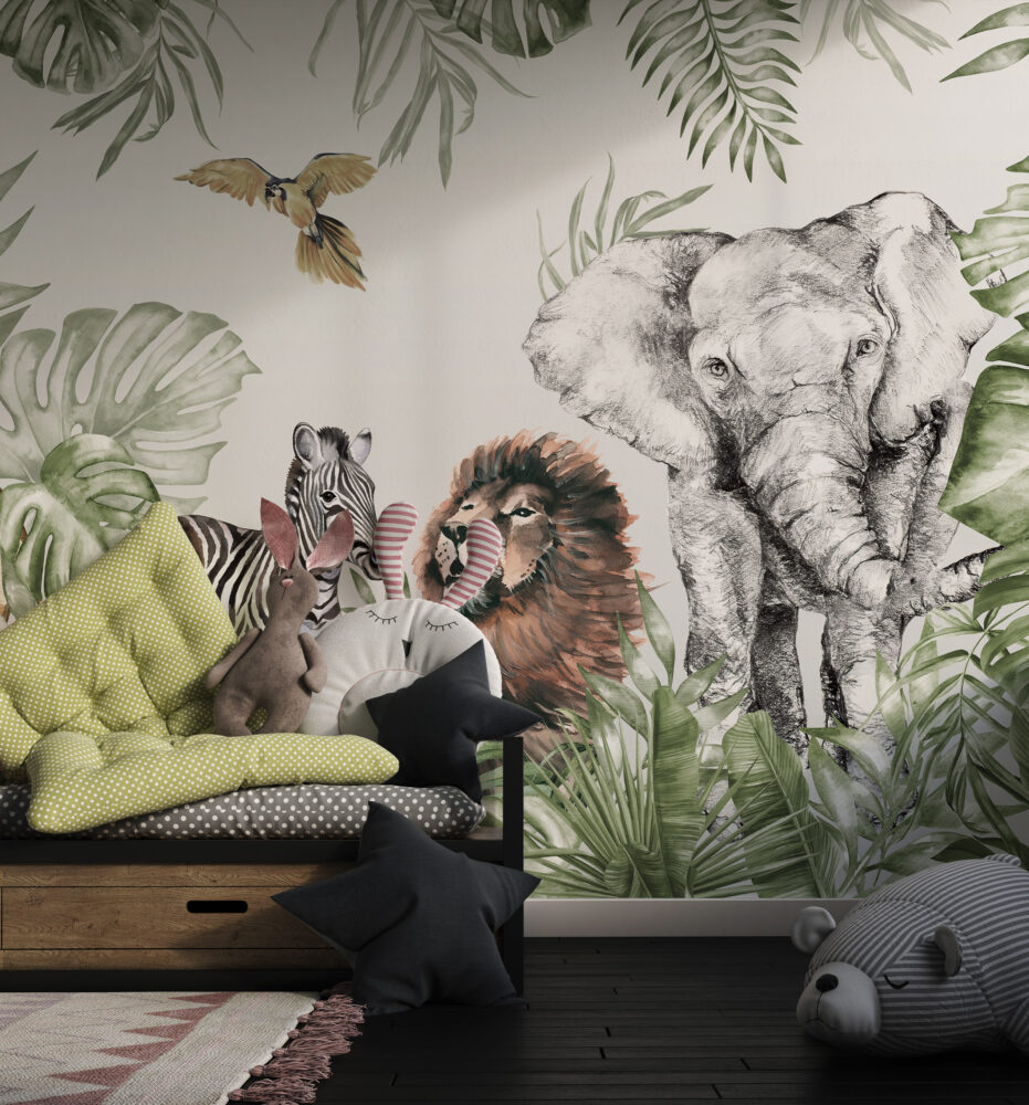 Tropical Safari Animals Wallpaper : Zebra Lion Elephant Kids Mural - View 5