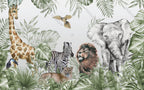 Tropical Safari Animals Wallpaper : Zebra Lion Elephant Kids Mural - flat design