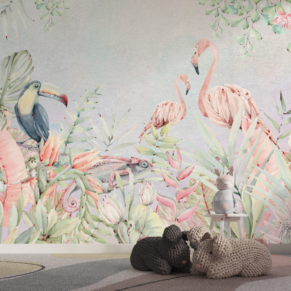 Pink Flamingo And Chameleon Wallpaper : Pastel Tropical Mural - View 2
