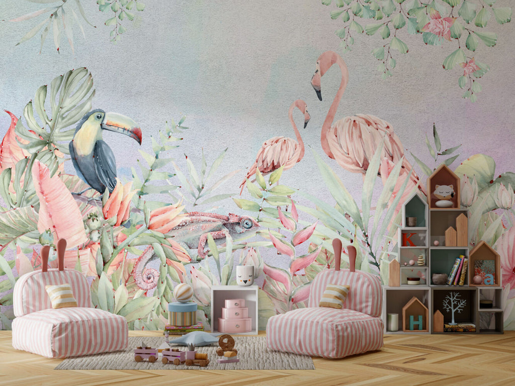 Pink Flamingo And Chameleon Wallpaper : Pastel Tropical Mural - View 3