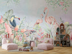 Pink Flamingo And Chameleon Wallpaper : Pastel Tropical Mural - View 3