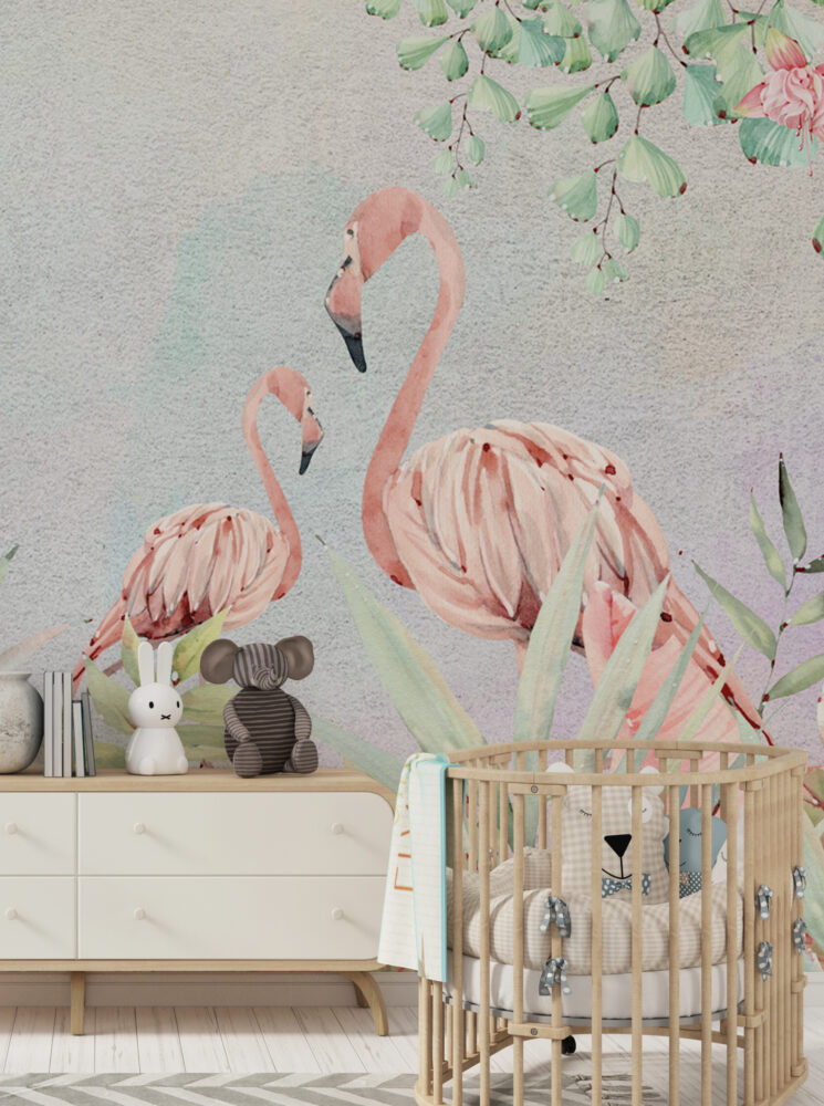 Pink Flamingo And Chameleon Wallpaper : Pastel Tropical Mural - View 4