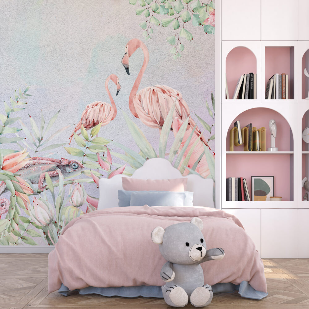 Pink Flamingo And Chameleon Wallpaper : Pastel Tropical Mural - View 5