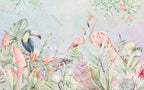 Pink Flamingo And Chameleon Wallpaper : Pastel Tropical Mural - flat design