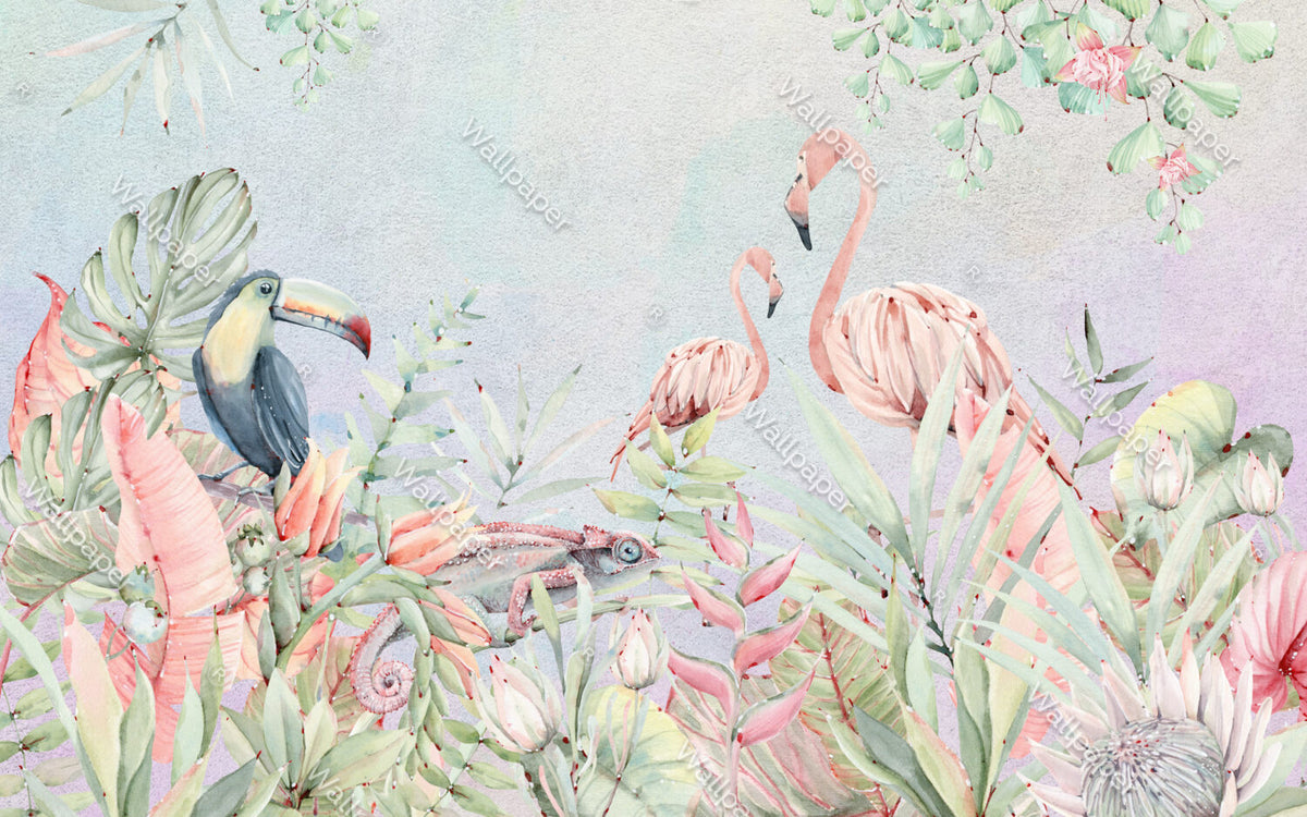 Pink Flamingo And Chameleon Wallpaper : Pastel Tropical Mural - flat design