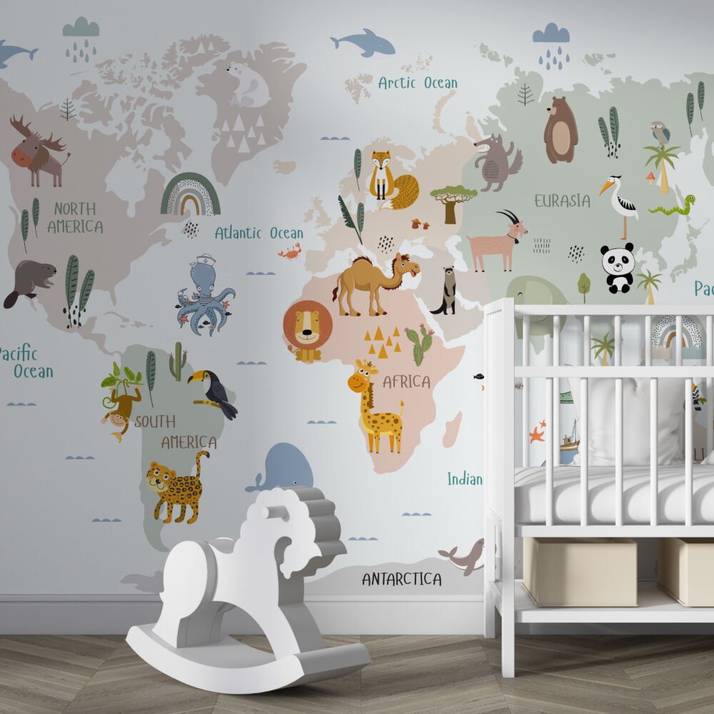 Cute Animal World Map Wallpaper : Pastel Kids Atlas Mural - View 2