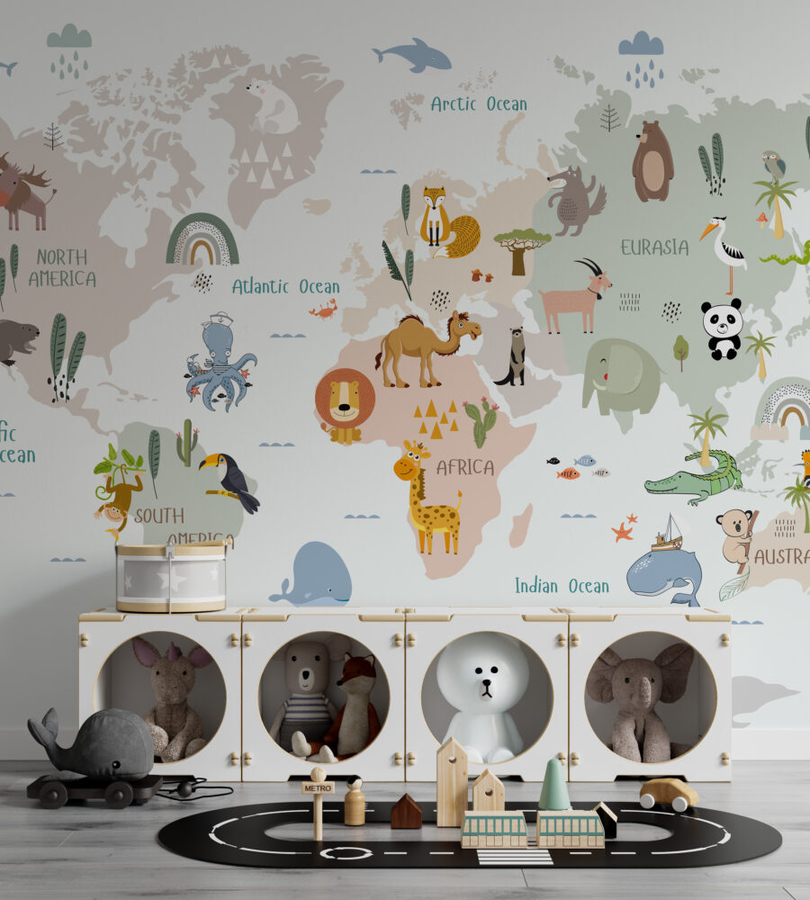 Cute Animal World Map Wallpaper : Pastel Kids Atlas Mural - View 3