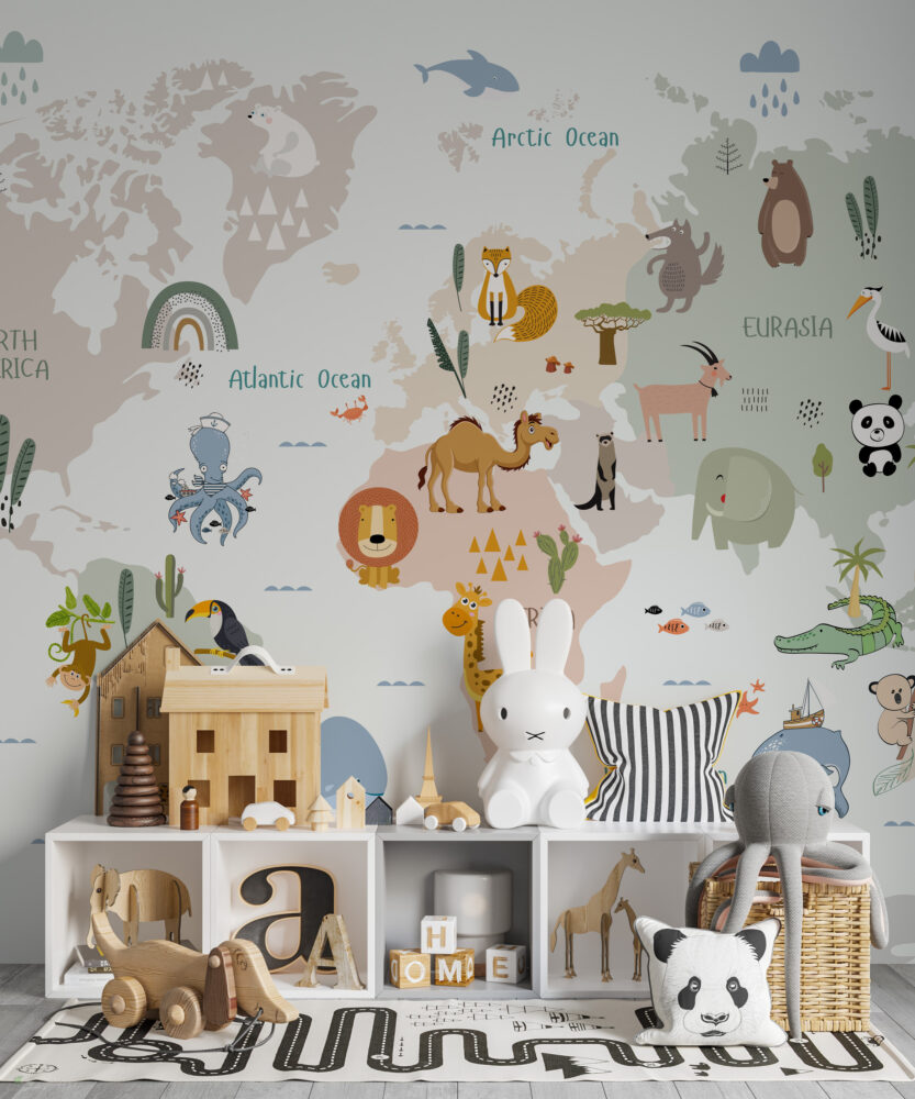 Cute Animal World Map Wallpaper : Pastel Kids Atlas Mural - View 4