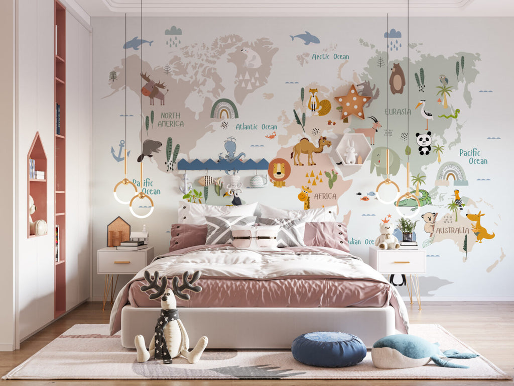 Cute Animal World Map Wallpaper : Pastel Kids Atlas Mural