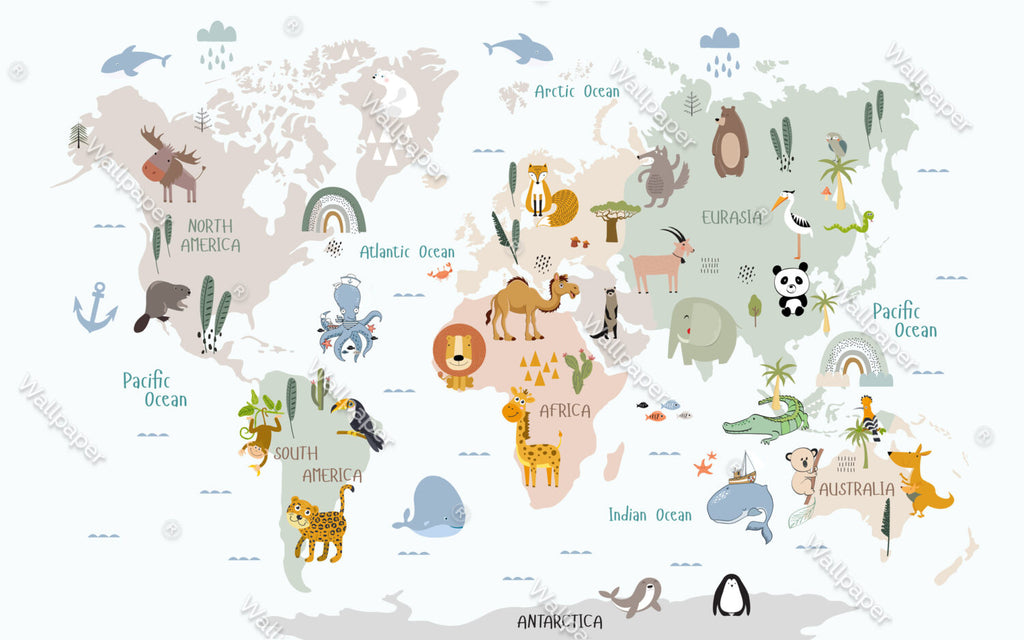 Cute Animal World Map Wallpaper : Pastel Kids Atlas Mural - flat design