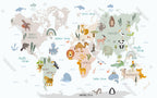 Cute Animal World Map Wallpaper : Pastel Kids Atlas Mural - flat design