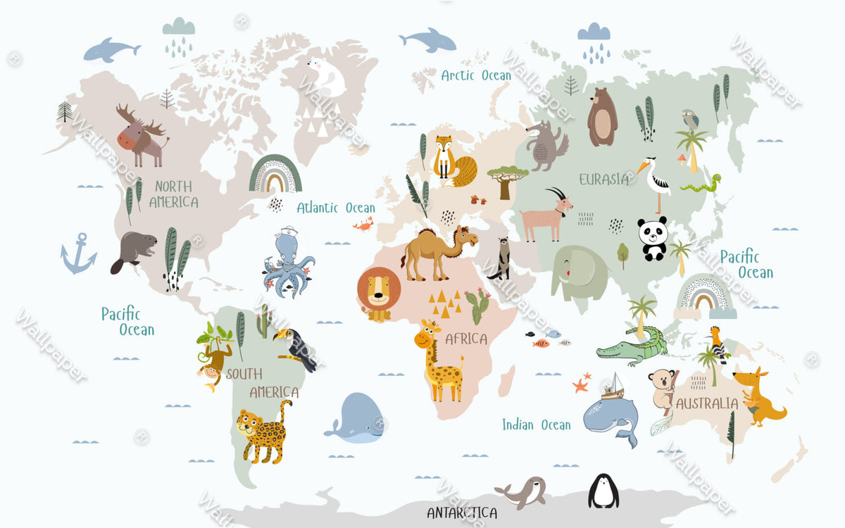 Cute Animal World Map Wallpaper : Pastel Kids Atlas Mural - flat design