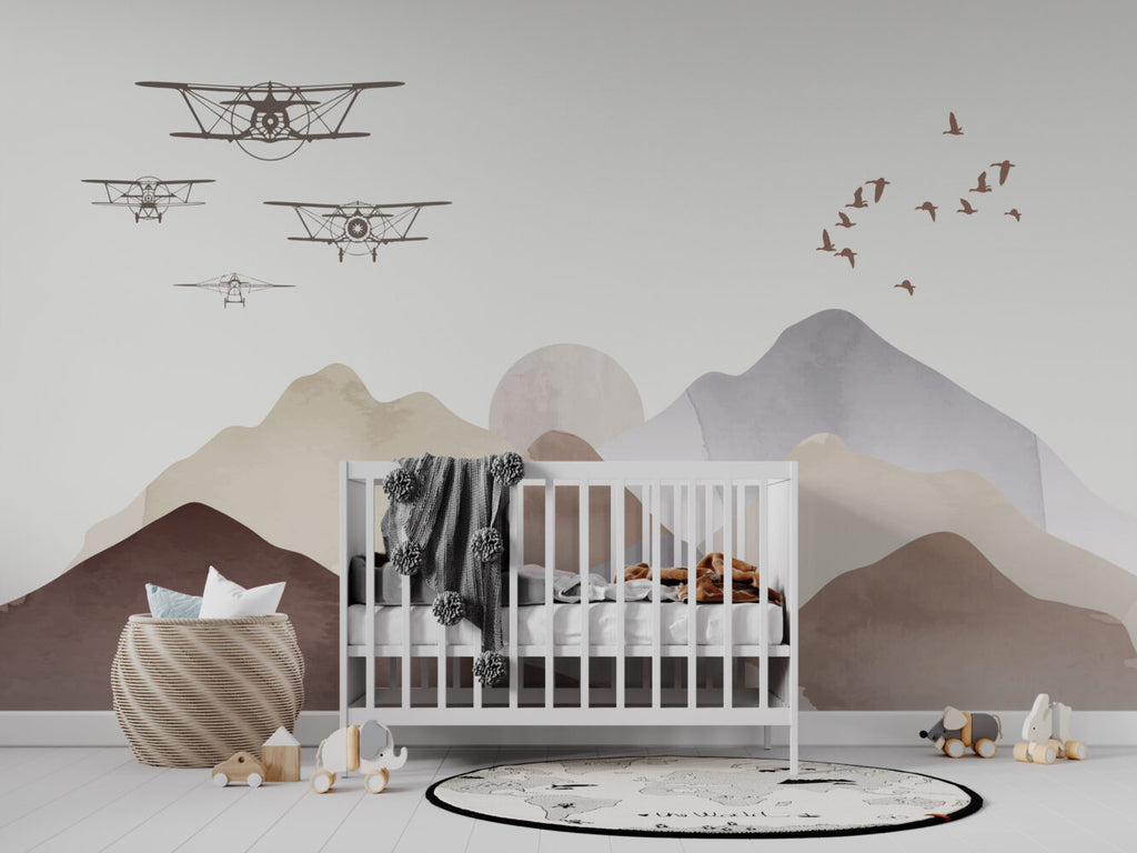 Boho Mountains Biplane Wallpaper : Neutral Kids Landscape Mural - View 2