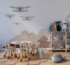 Boho Mountains Biplane Wallpaper : Neutral Kids Landscape Mural - View 3