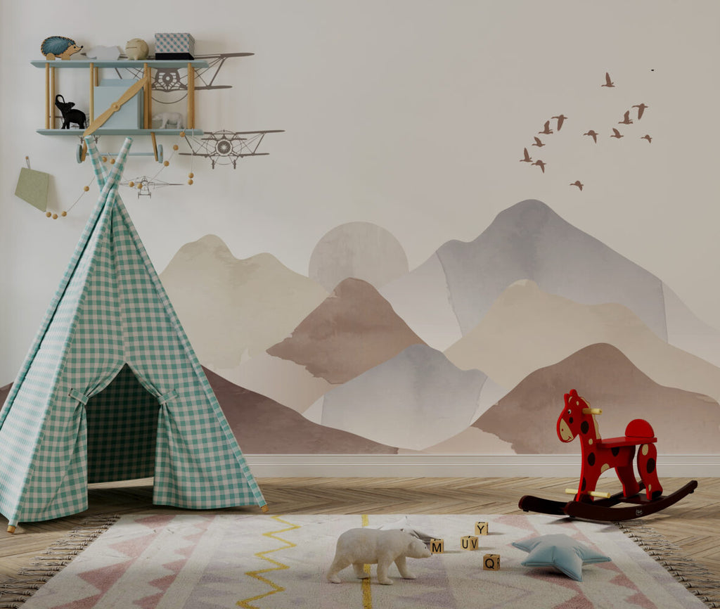 Boho Mountains Biplane Wallpaper : Neutral Kids Landscape Mural - View 4