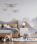 Boho Mountains Biplane Wallpaper : Neutral Kids Landscape Mural - View 5