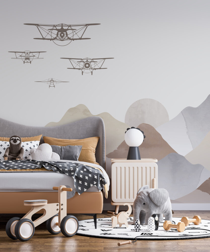 Boho Mountains Biplane Wallpaper : Neutral Kids Landscape Mural - View 5