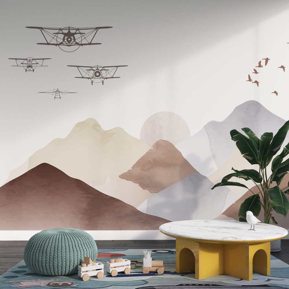 Boho Mountains Biplane Wallpaper : Neutral Kids Landscape Mural