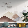 Boho Mountains Biplane Wallpaper : Neutral Kids Landscape Mural
