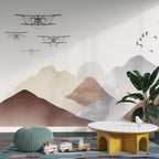 Boho Mountains Biplane Wallpaper : Neutral Kids Landscape Mural