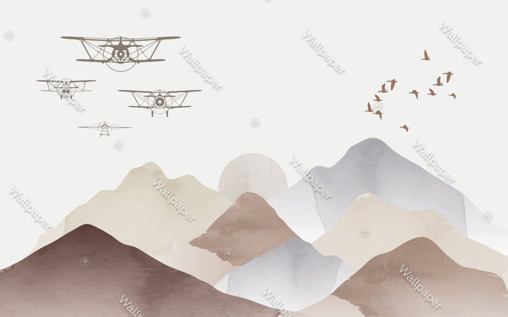 Boho Mountains Biplane Wallpaper : Neutral Kids Landscape Mural - flat design