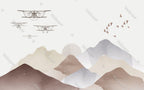 Boho Mountains Biplane Wallpaper : Neutral Kids Landscape Mural - flat design