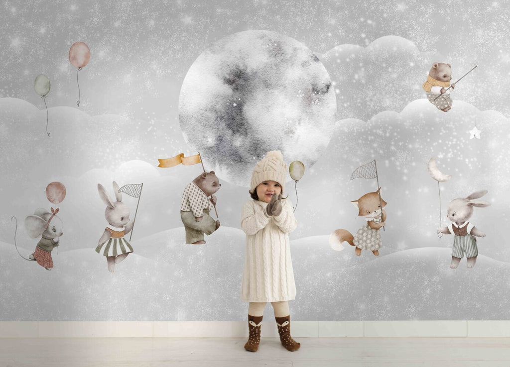 Bunnies Moon Voyage Wallpaper : Balloon Animals Night Sky Mural - View 2
