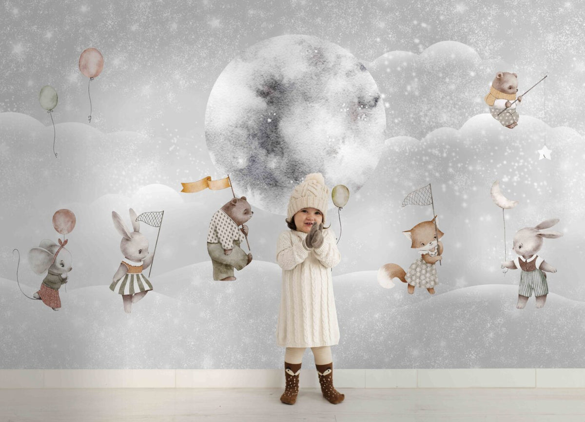 Bunnies Moon Voyage Wallpaper : Balloon Animals Night Sky Mural - View 2