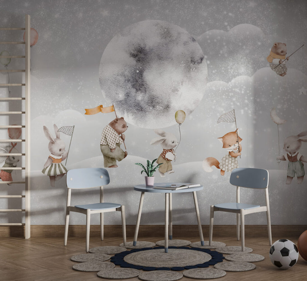 Bunnies Moon Voyage Wallpaper : Balloon Animals Night Sky Mural - View 3