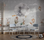 Bunnies Moon Voyage Wallpaper : Balloon Animals Night Sky Mural - View 3