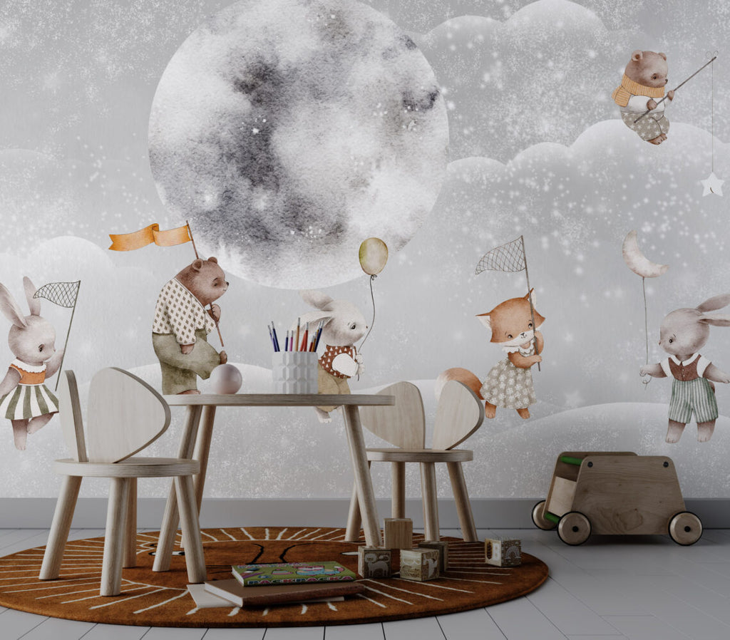 Bunnies Moon Voyage Wallpaper : Balloon Animals Night Sky Mural
