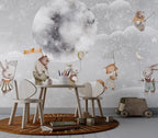Bunnies Moon Voyage Wallpaper : Balloon Animals Night Sky Mural