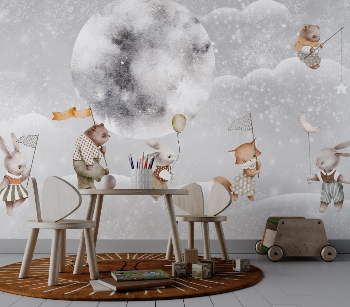 Bunnies Moon Voyage Wallpaper : Balloon Animals Night Sky Mural