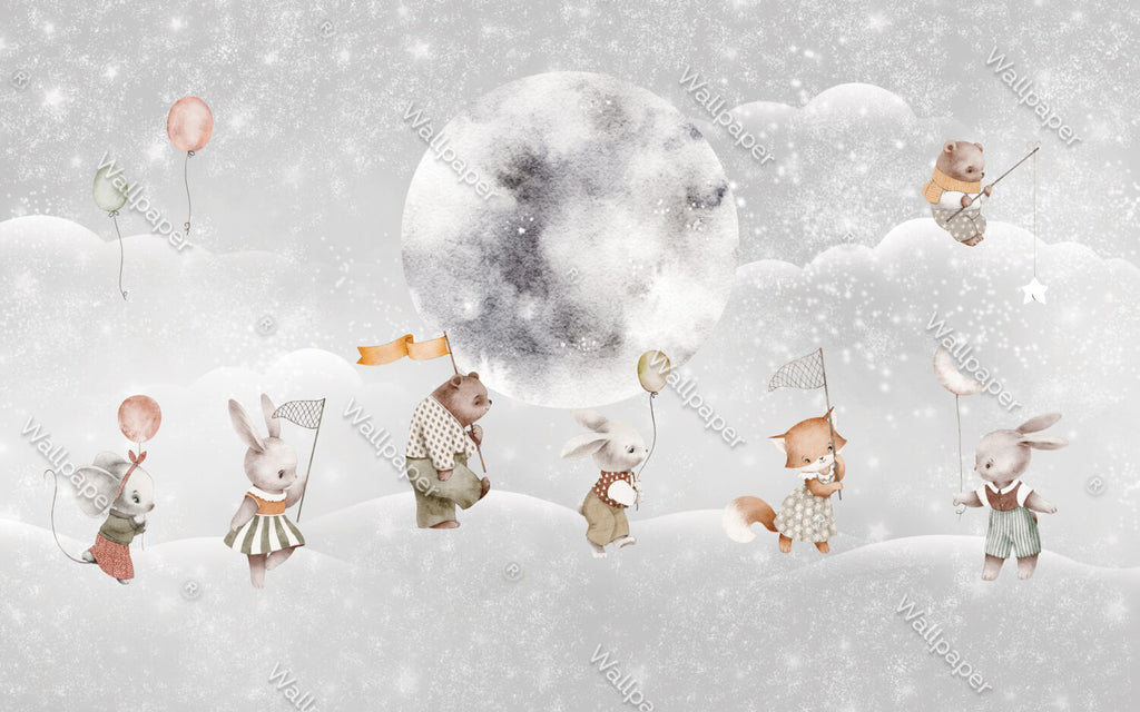 Bunnies Moon Voyage Wallpaper : Balloon Animals Night Sky Mural - flat design
