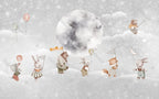 Bunnies Moon Voyage Wallpaper : Balloon Animals Night Sky Mural - flat design